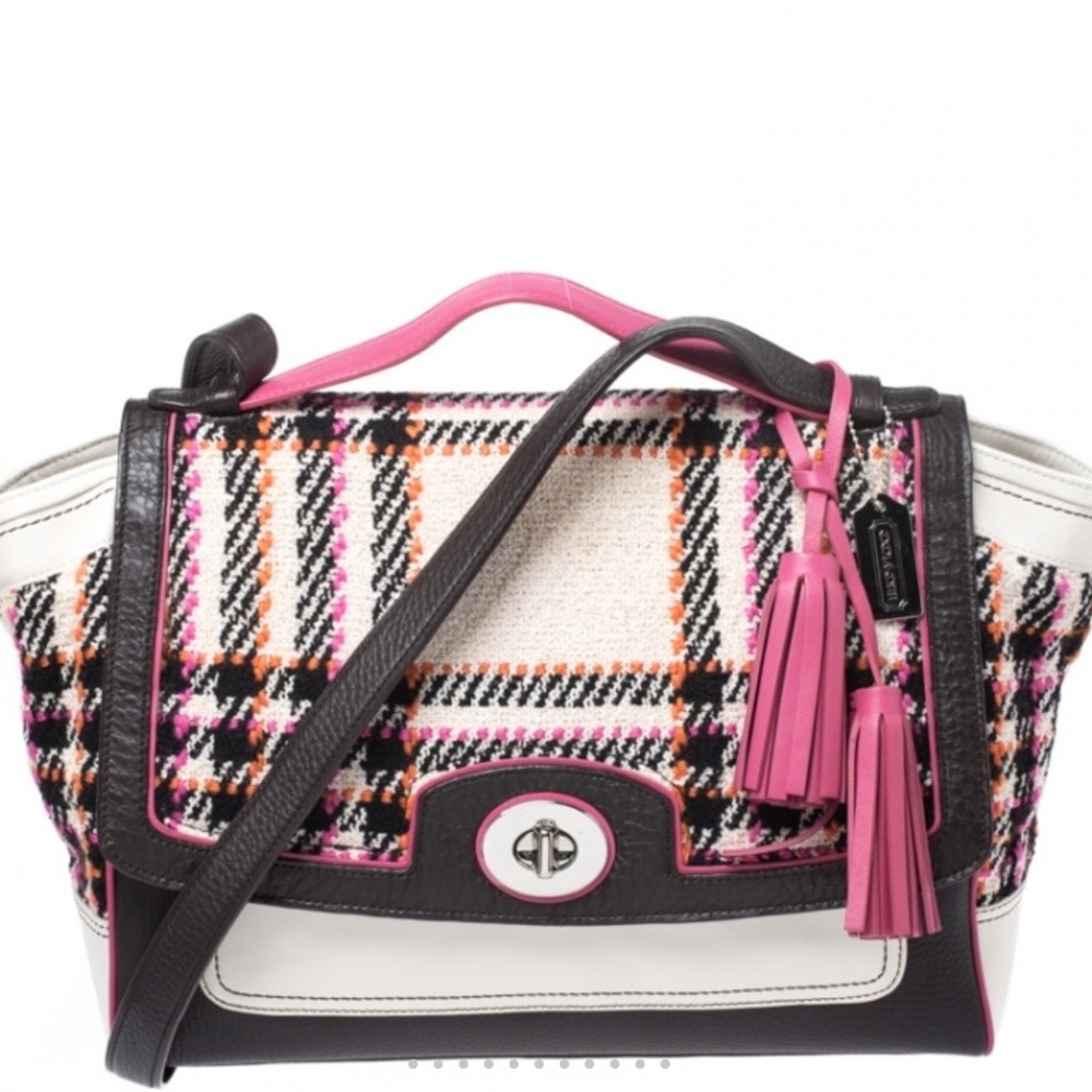 Coach Women's Pink Plaid Leather-Trim Satchel